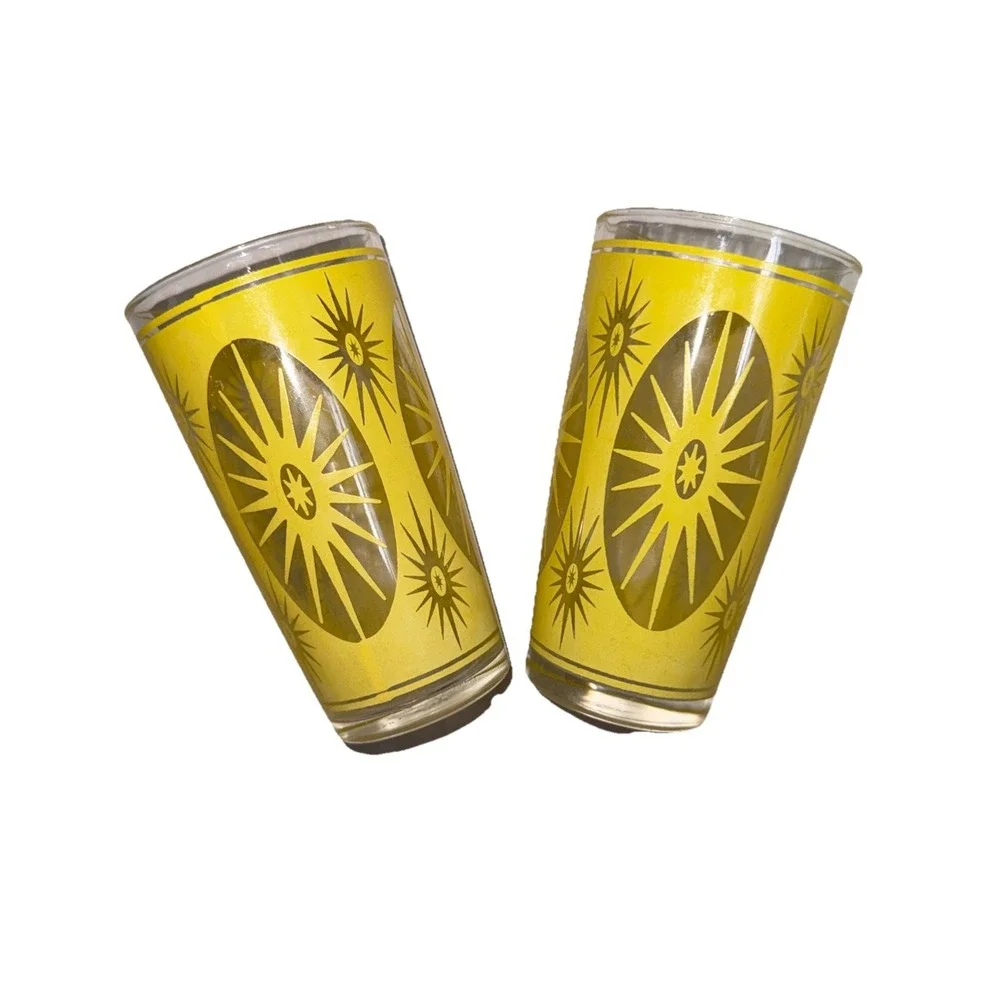 2pc Set Hazel Atlas Vintage MCM Yellow Sunburst Starburst Tumblers Glasses 4.75